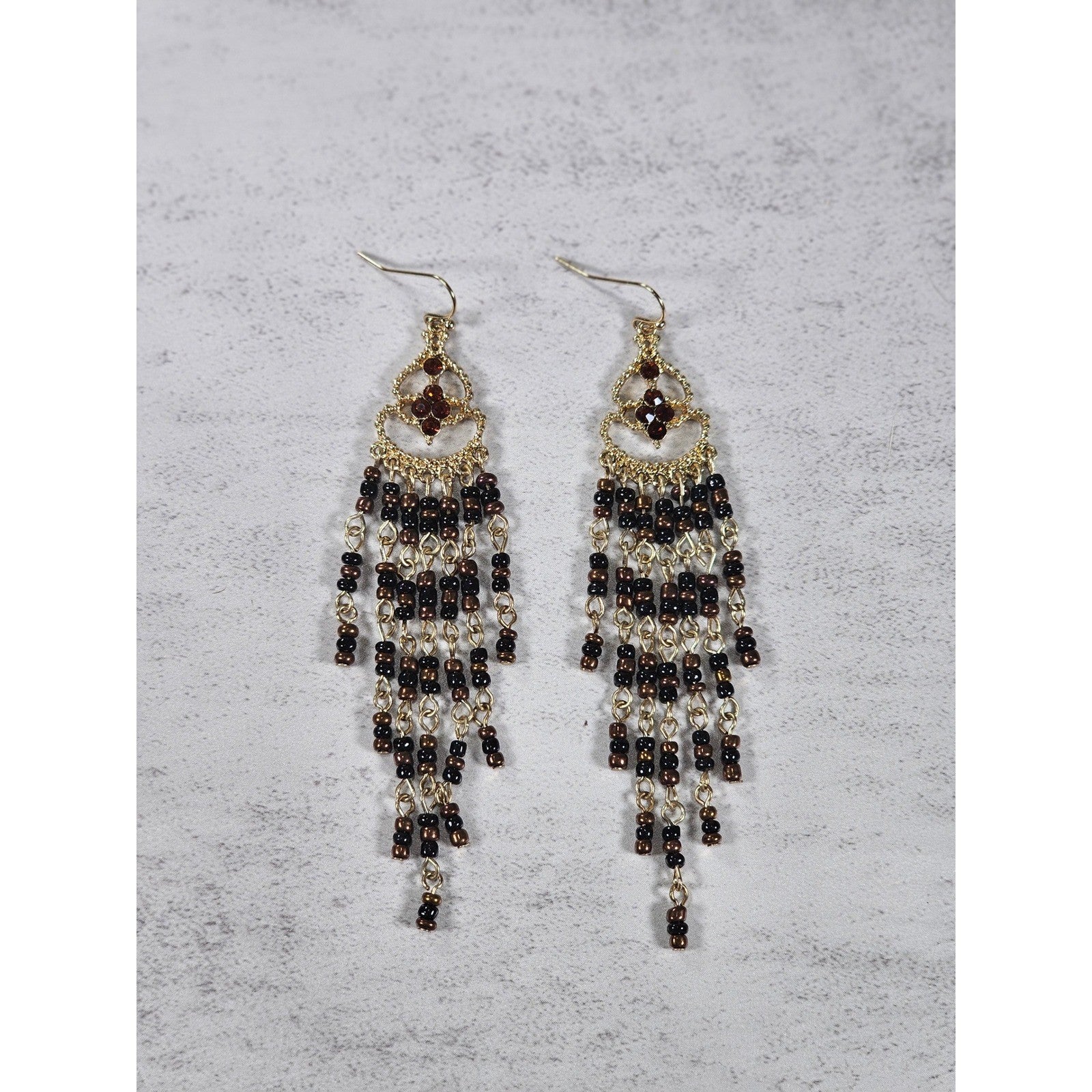 Vintage Gold Tone Beaded Chandelier Earrings Brown Black Dangle
