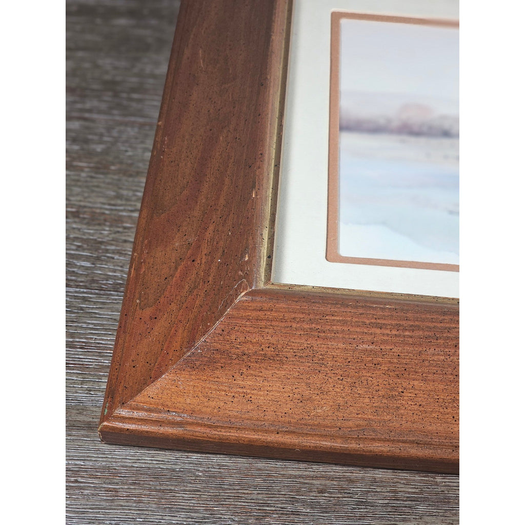 Vintage Framed Winter Landscape Print Signed, Rustic Wood Frame 14x13