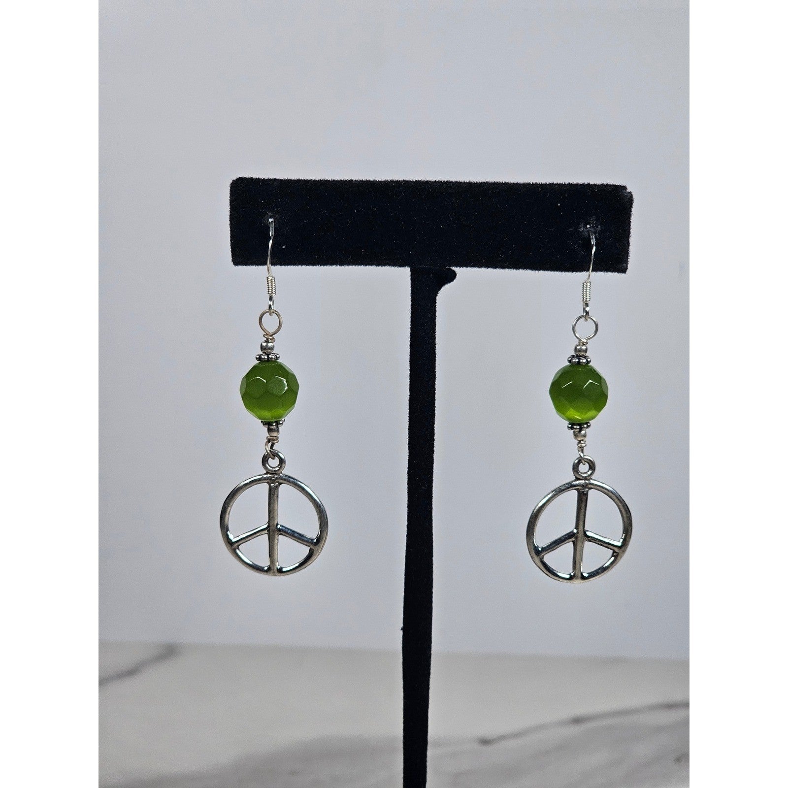 Vintage .925 Sterling Silver Peace Sign Dangle Earrings with Green Beads