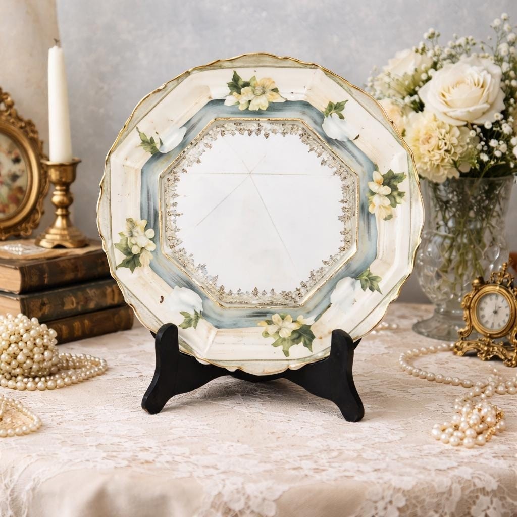 Vintage RS Prussia Octagonal Plate Hand Painted Swans Floral Germany READ