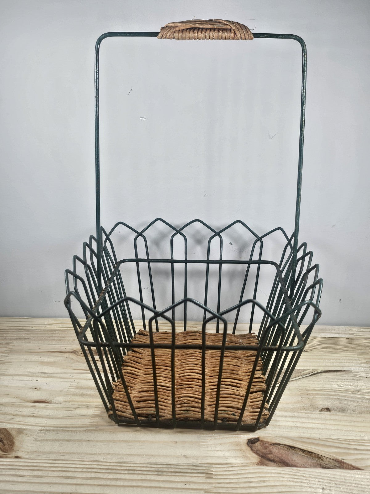 Black Metal + Rattan Basket 11.5″ × 9″ | Rustic Coastal Storage Basket