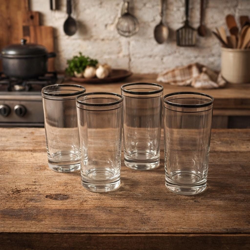 Vintage Mid Century Highball Glasses Set of 4 Double Silver Rim Barware