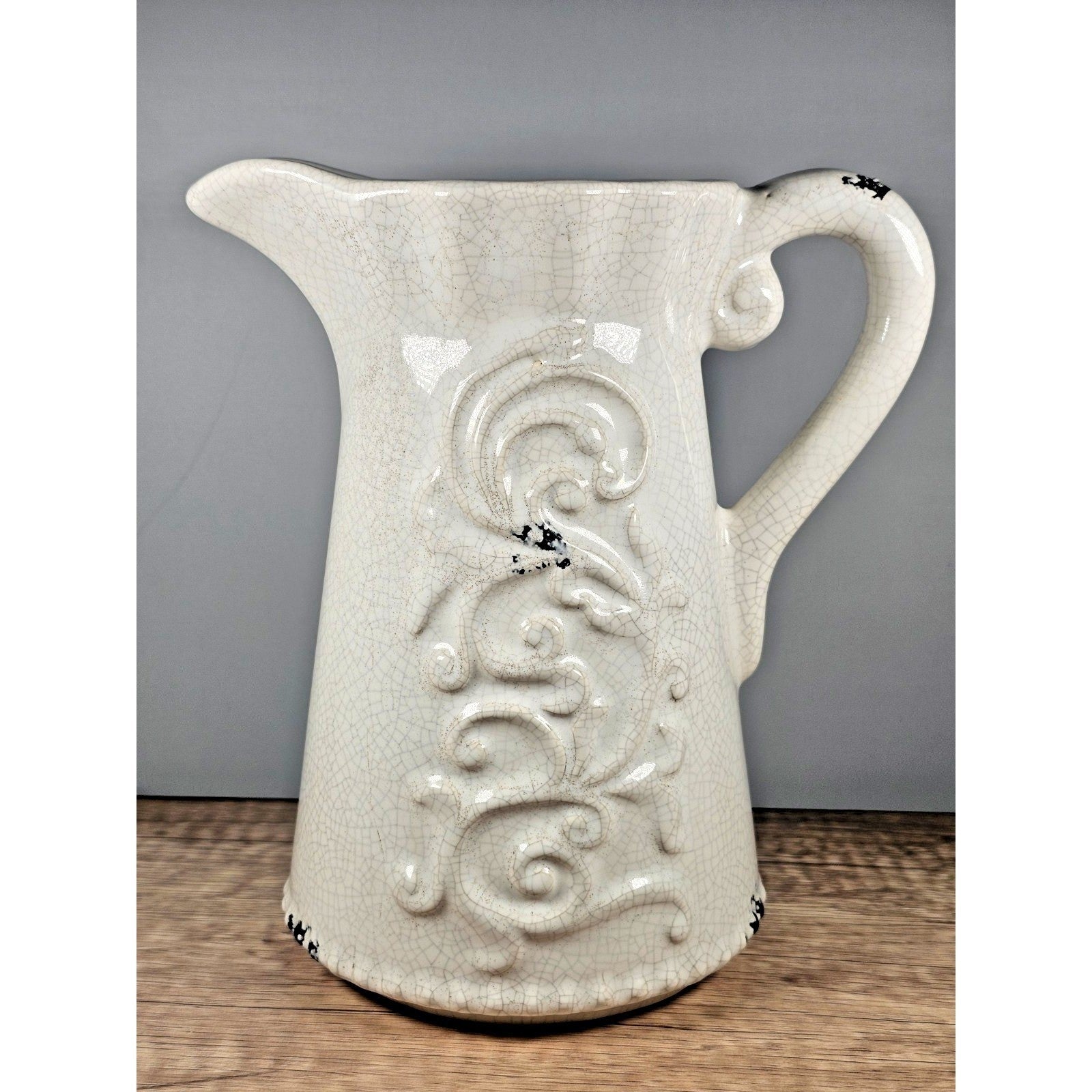 Vintage White Crackle Pitcher Art Nouveau Style Ceramic Vase 9 Inch