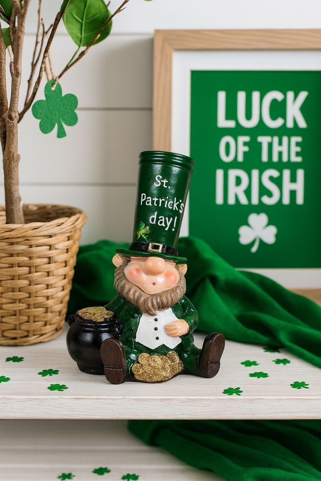 Vintage St Patrick's Day Leprechaun Figurine Pot of Gold Holiday Decor