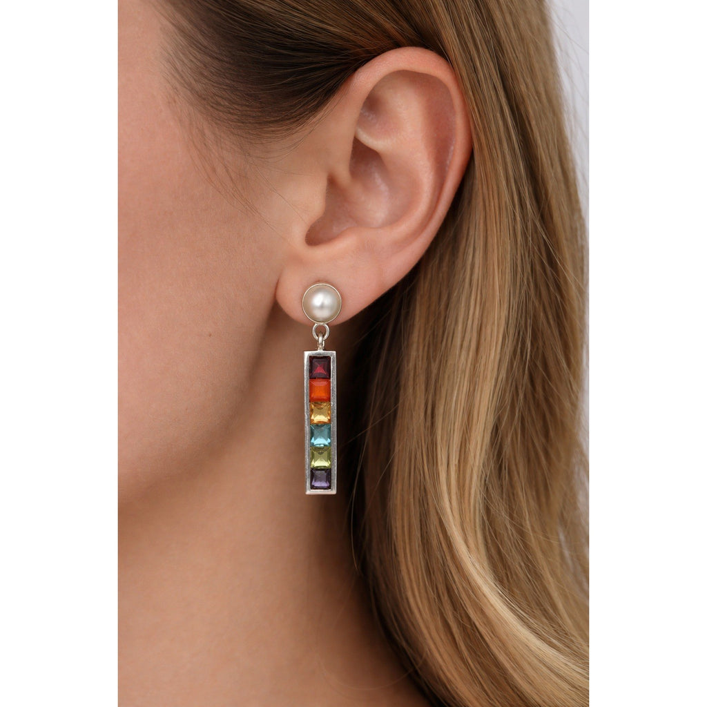 Vintage Rainbow Bar Drop Earrings with Pearl-Style Studs