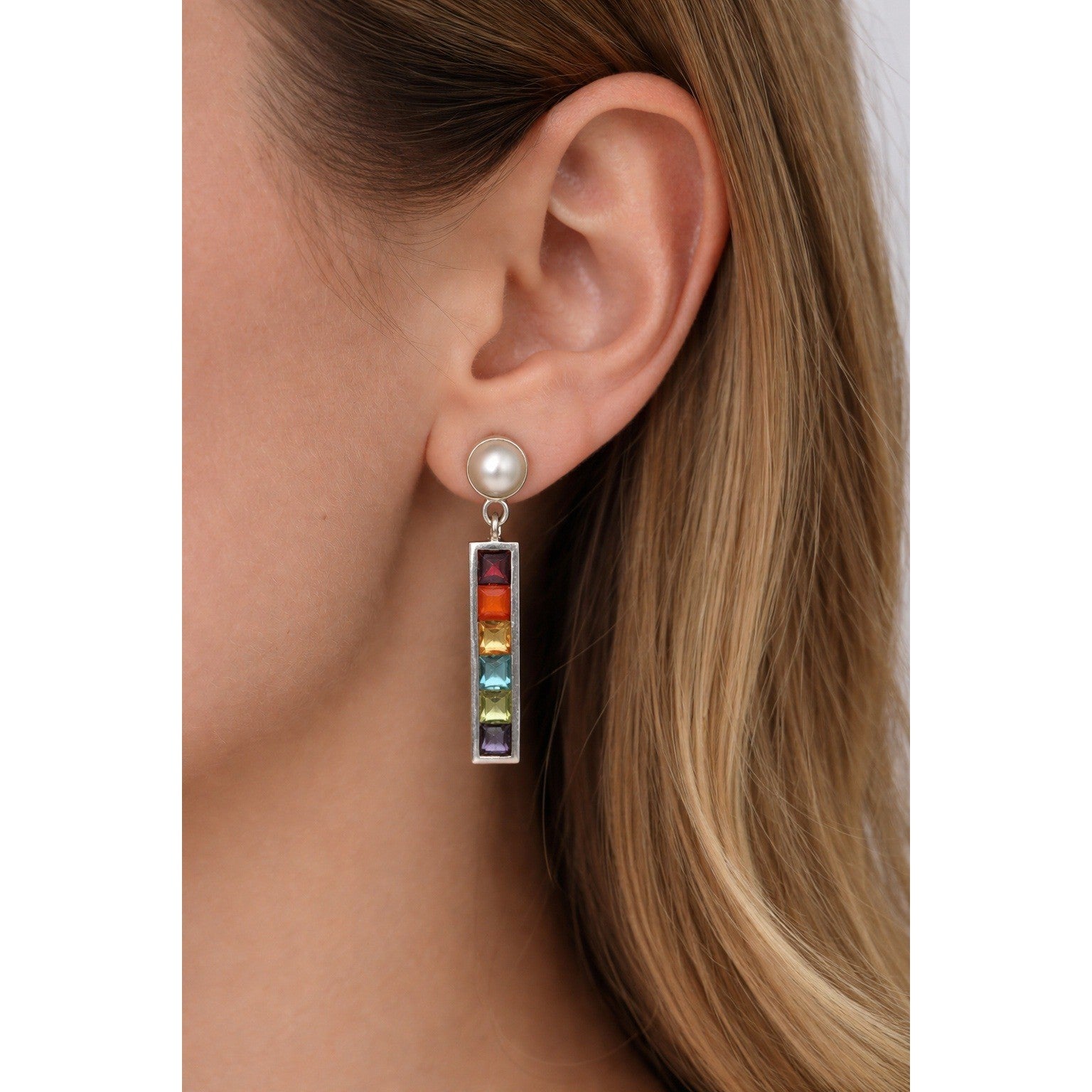 Vintage Rainbow Bar Drop Earrings with Pearl-Style Studs