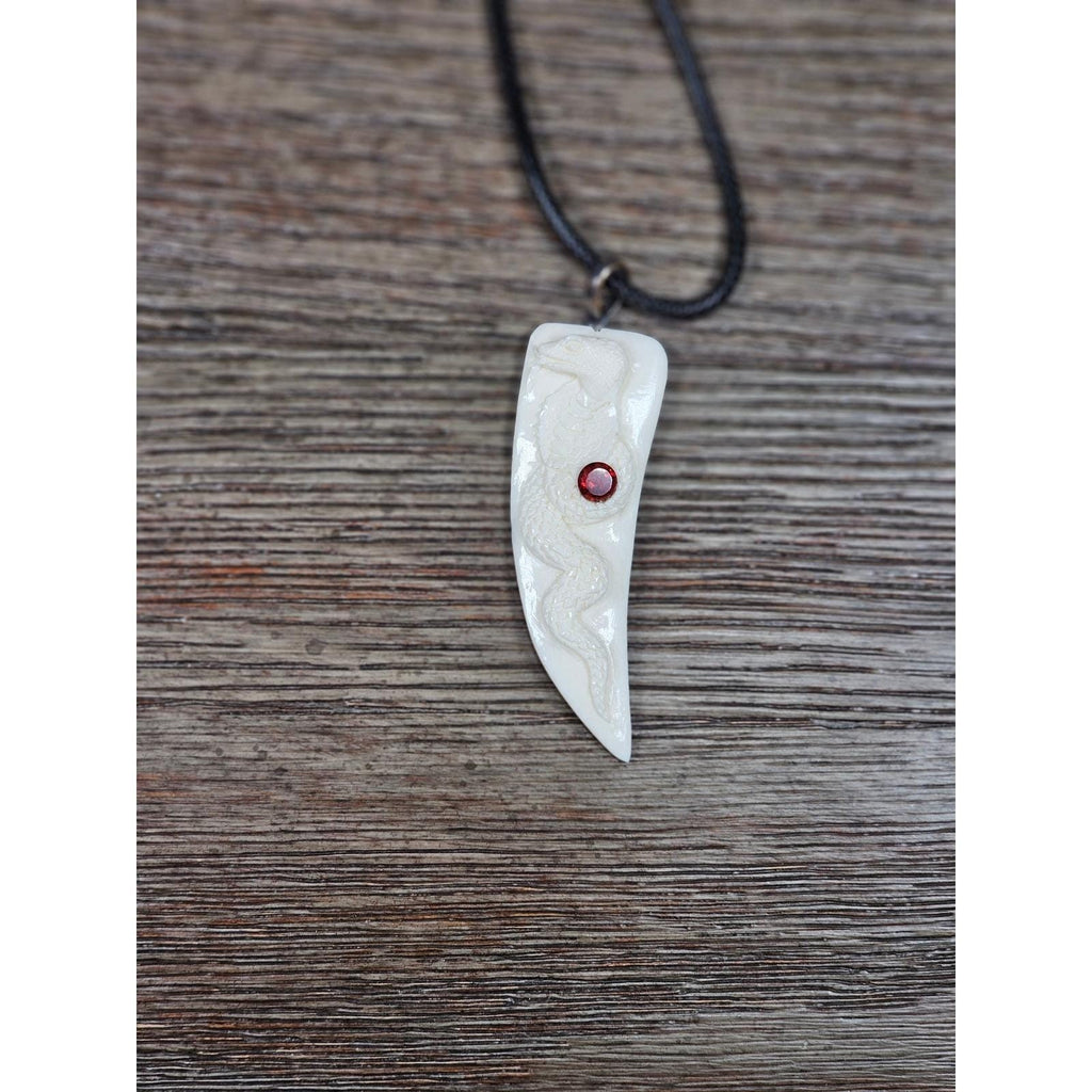Carved Snake Fang Pendant Necklace White Tooth Style Gothic Charm 2"