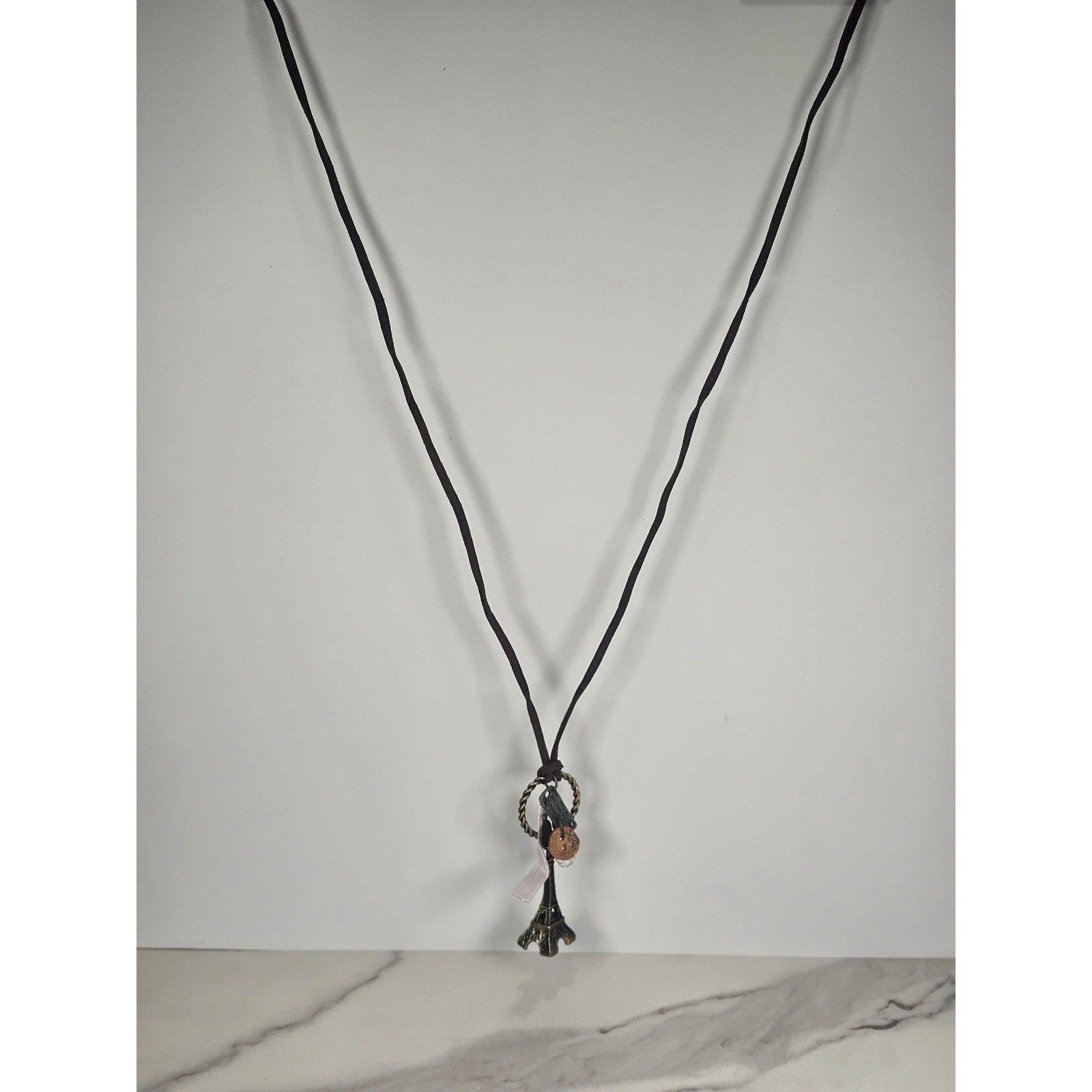 Vintage Eiffel Tower Charm Necklace on Suede Cord Paris Theme Jewelry