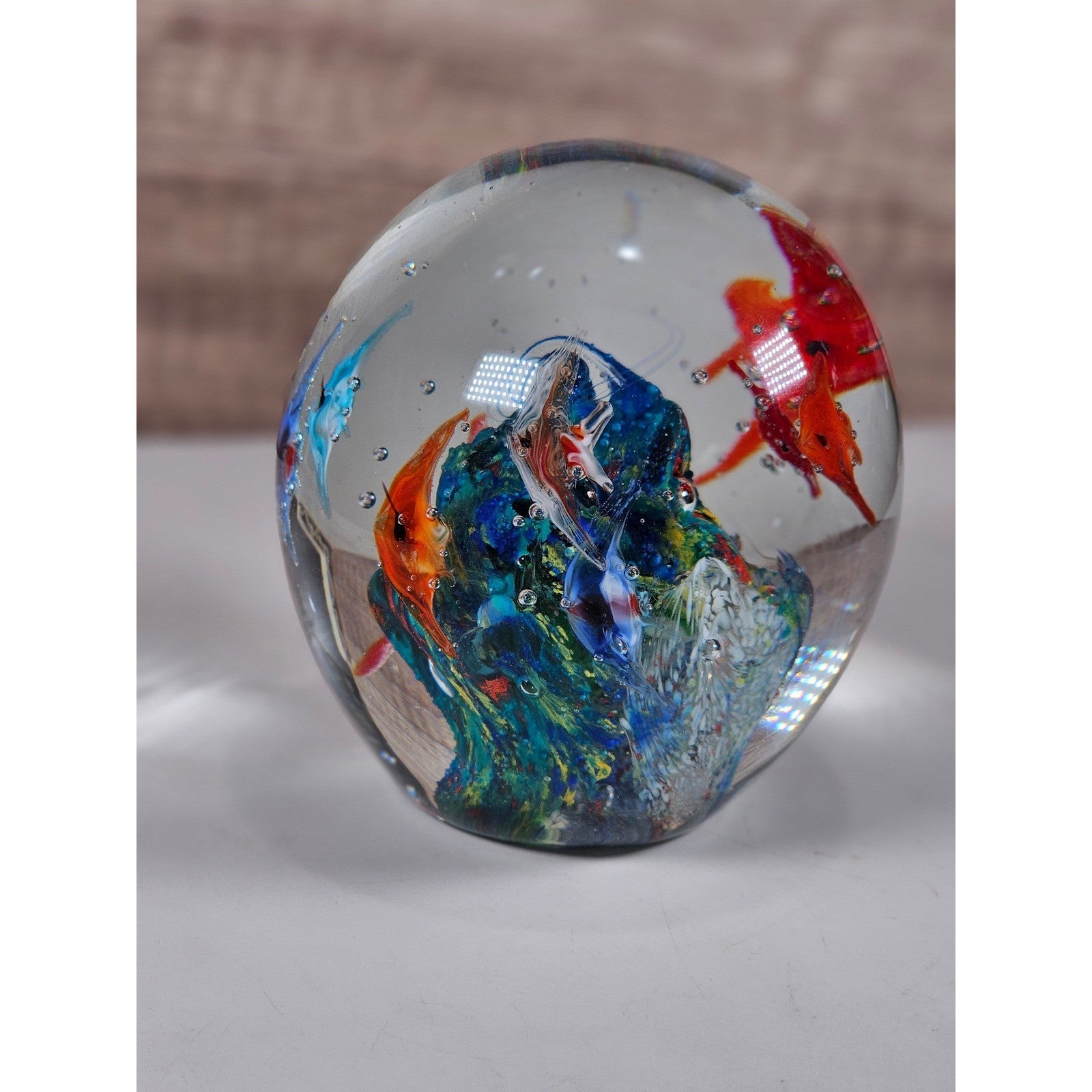 Glass Paperweight Aquatic Scene Fish Swirls Art Hand Blown