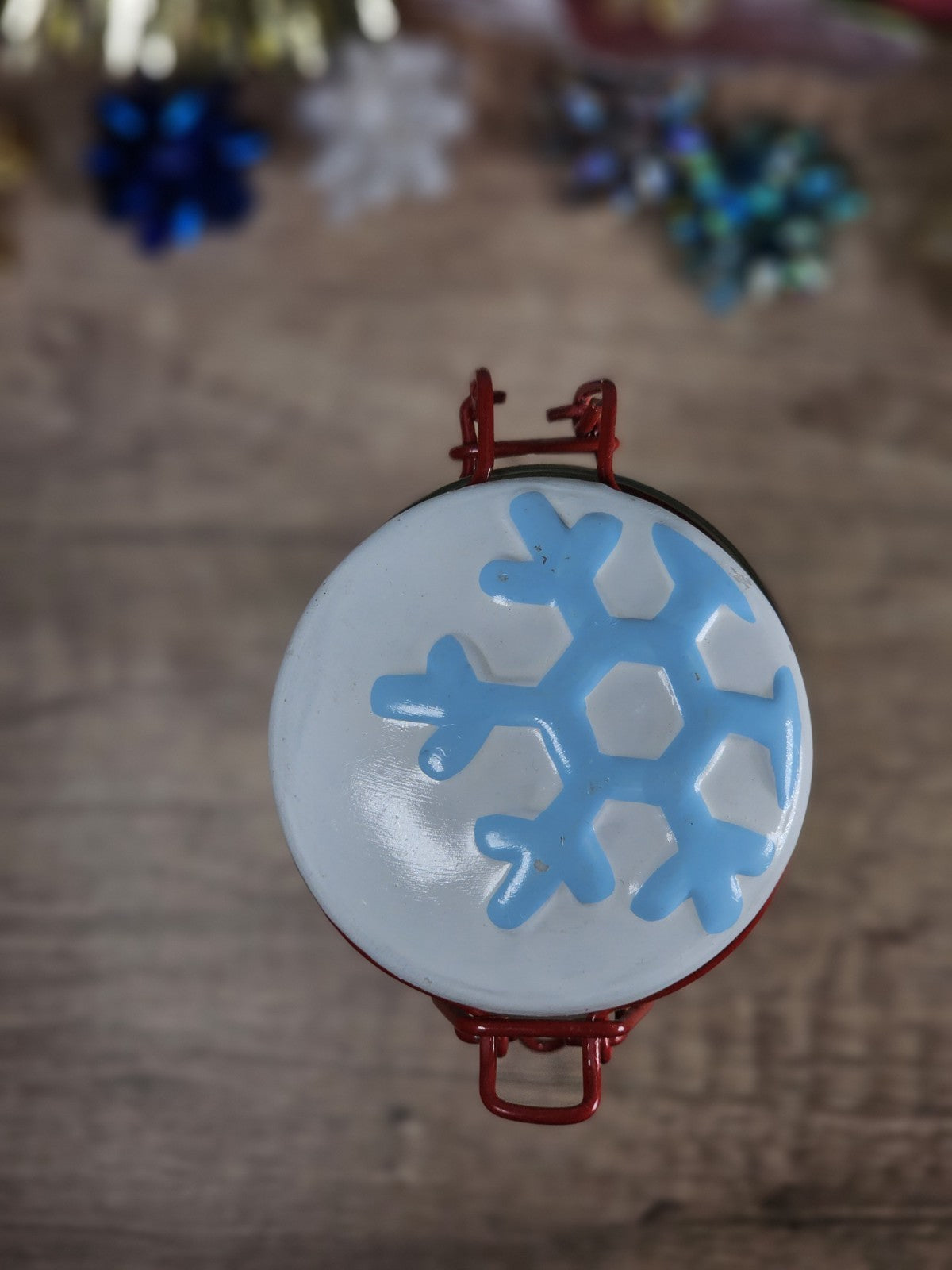 Vintage Glass Storage Jar With Snowflake Lid & Red Clasp