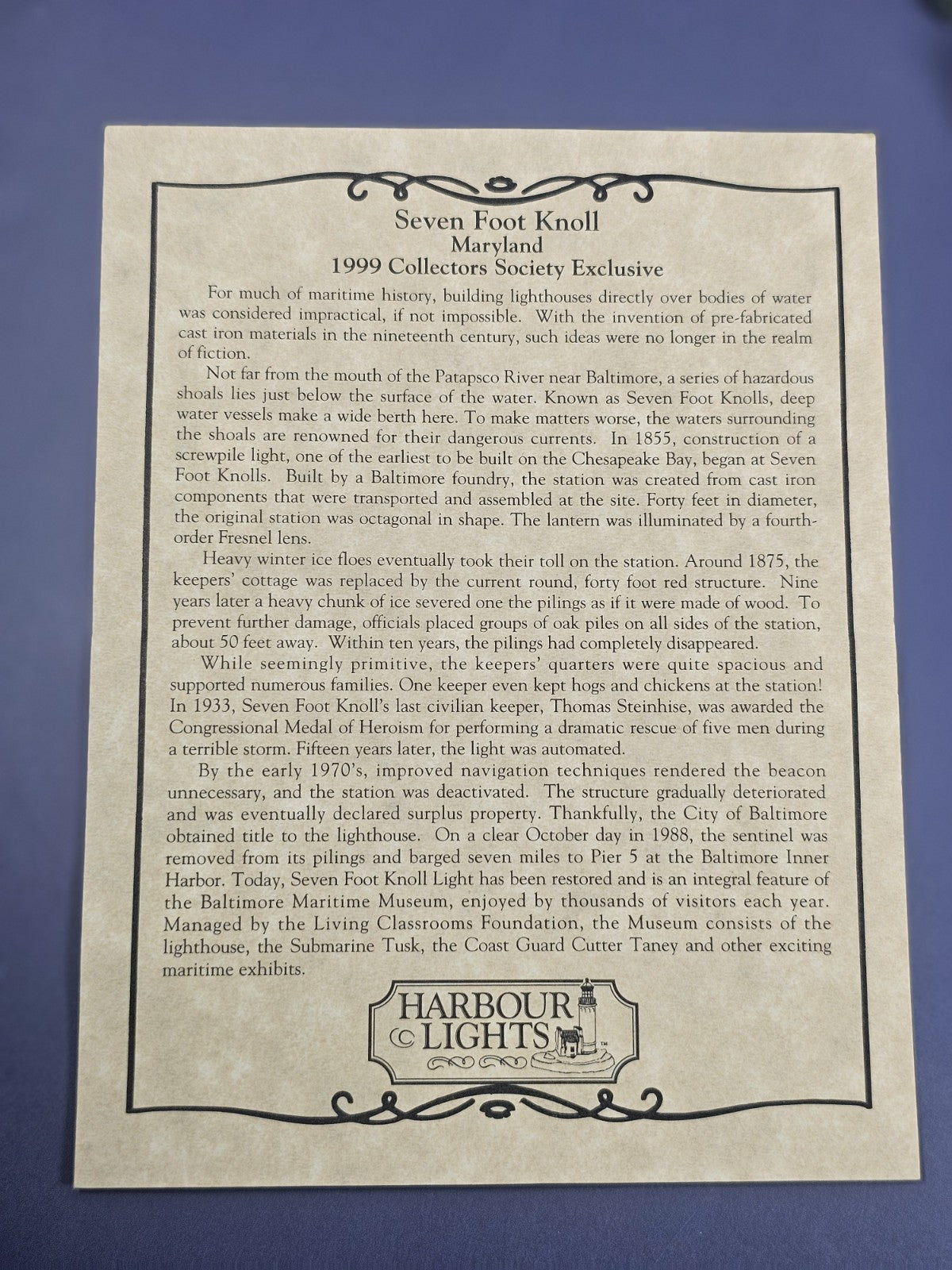 Harbour Lights #521 Seven Foot Knoll Maryland 1999 Lighthouse Nautical Decor