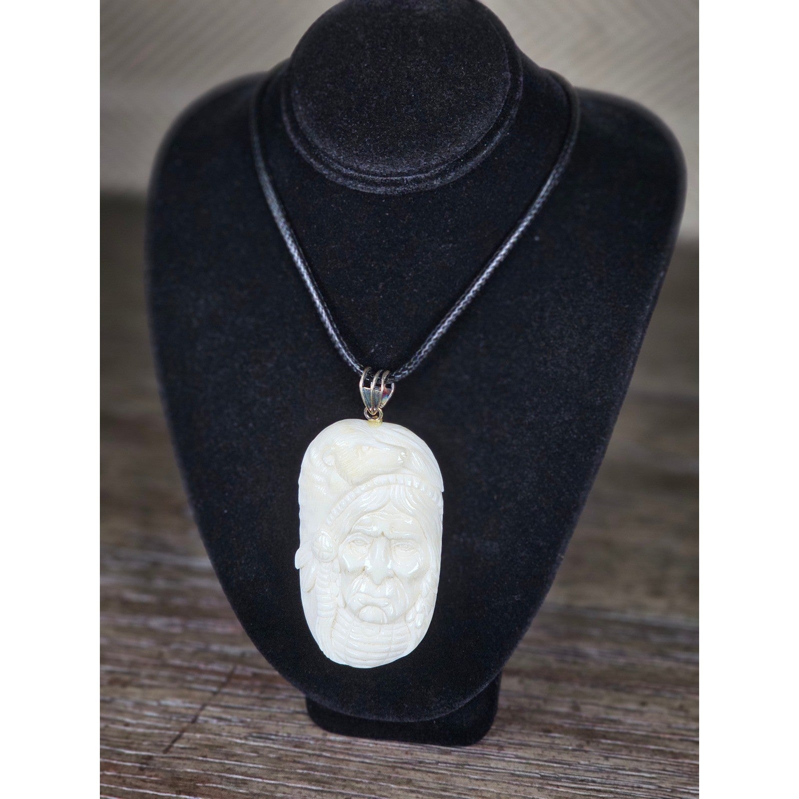 Vintage Buffalo Bone Carved Pendant Necklace Native American Style 2x1