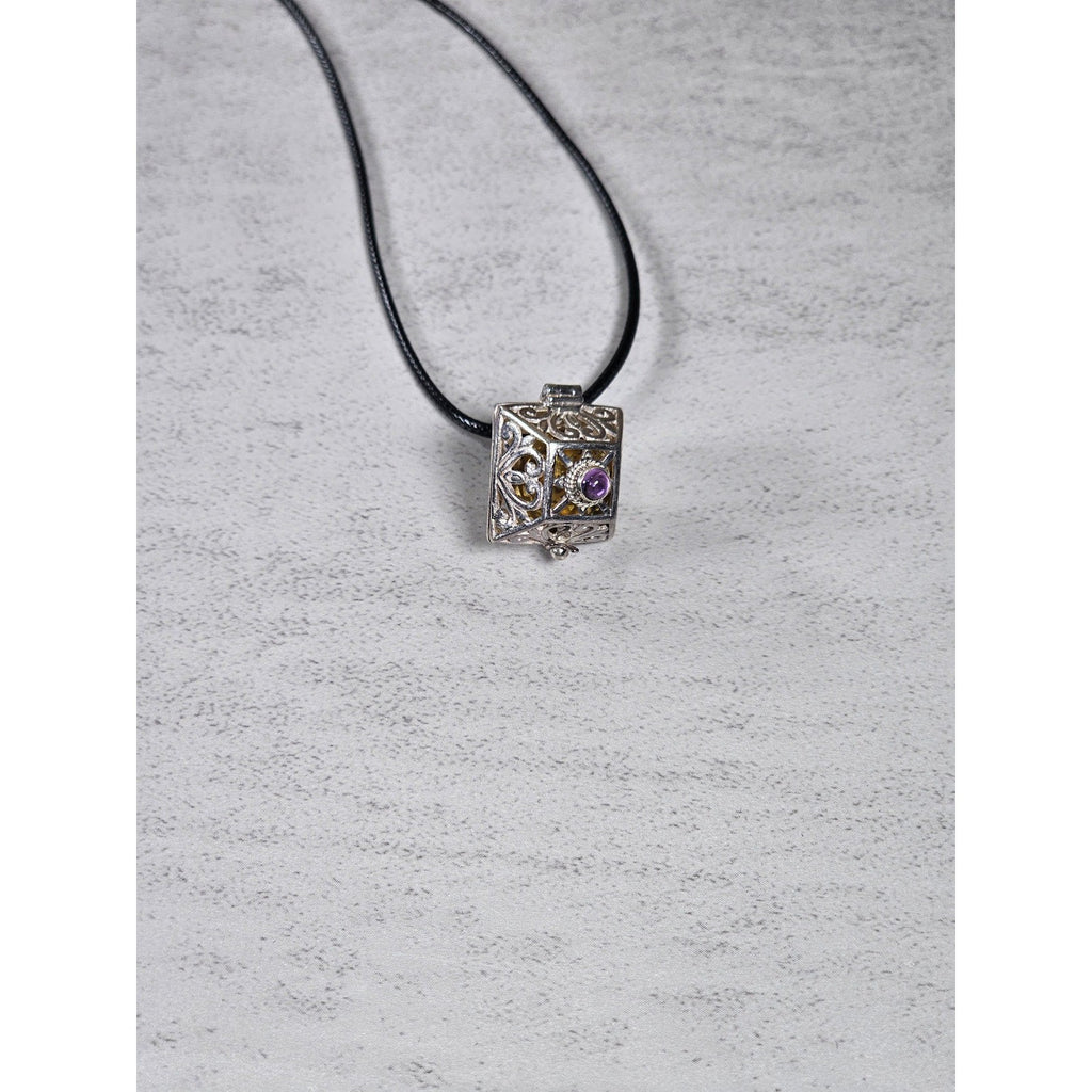 Vintage Harmony Ball Pendant Necklace Purple Stone Filigree