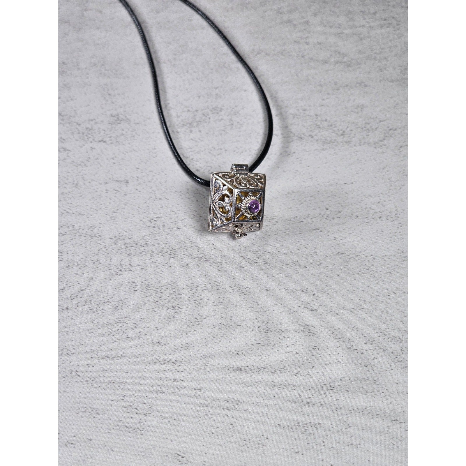 Vintage Harmony Ball Pendant Necklace Purple Stone Filigree