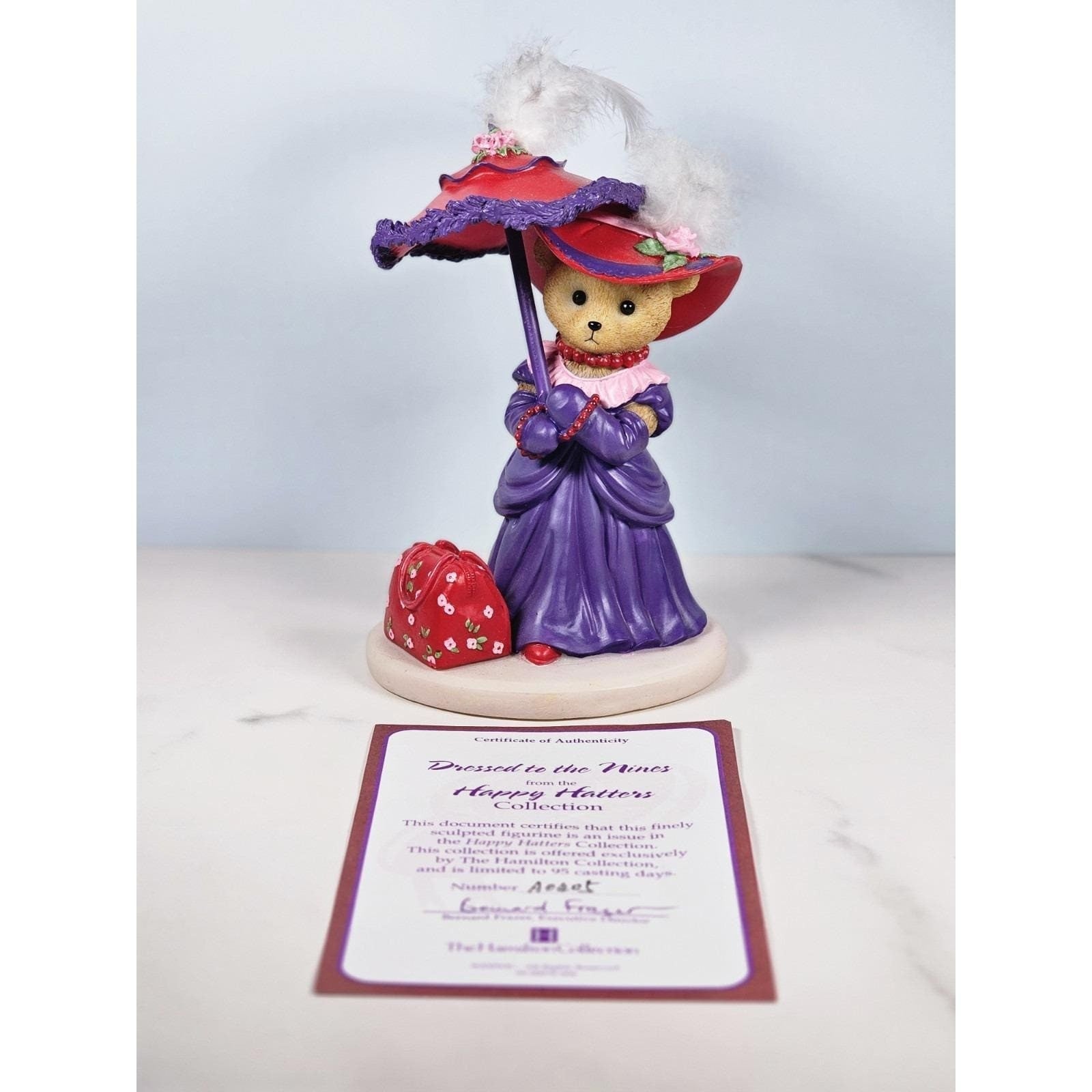 Hamilton Collection Happy Hatters Bear Figurine Purple Dress Umbrella 6"