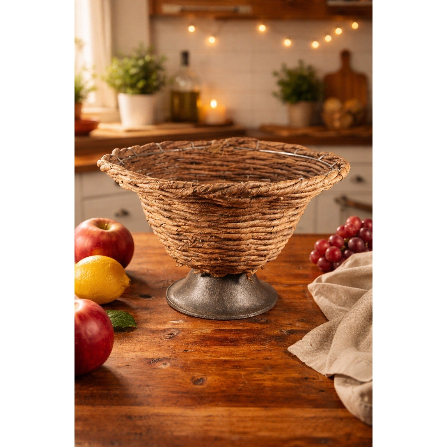 Vintage Woven Basket on Metal Pedestal Base | Rustic Farmhouse Decor |
