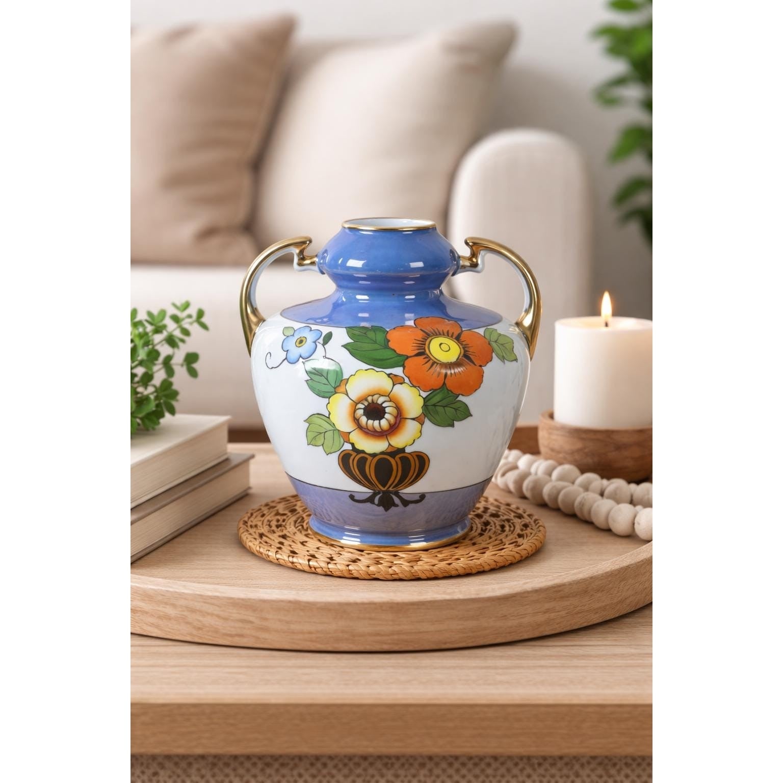 Vintage Asian Floral Ceramic Vase With Handles Blue White Pottery Decor