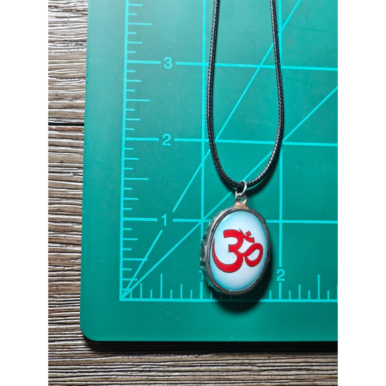 Vintage Om Pendant Necklace Blue Red Symbol Black Cord