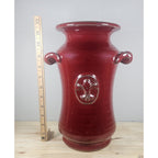 Vintage Burgundy Pottery Vase Fleur De Lis Double Handle Ceramic 11.5"
