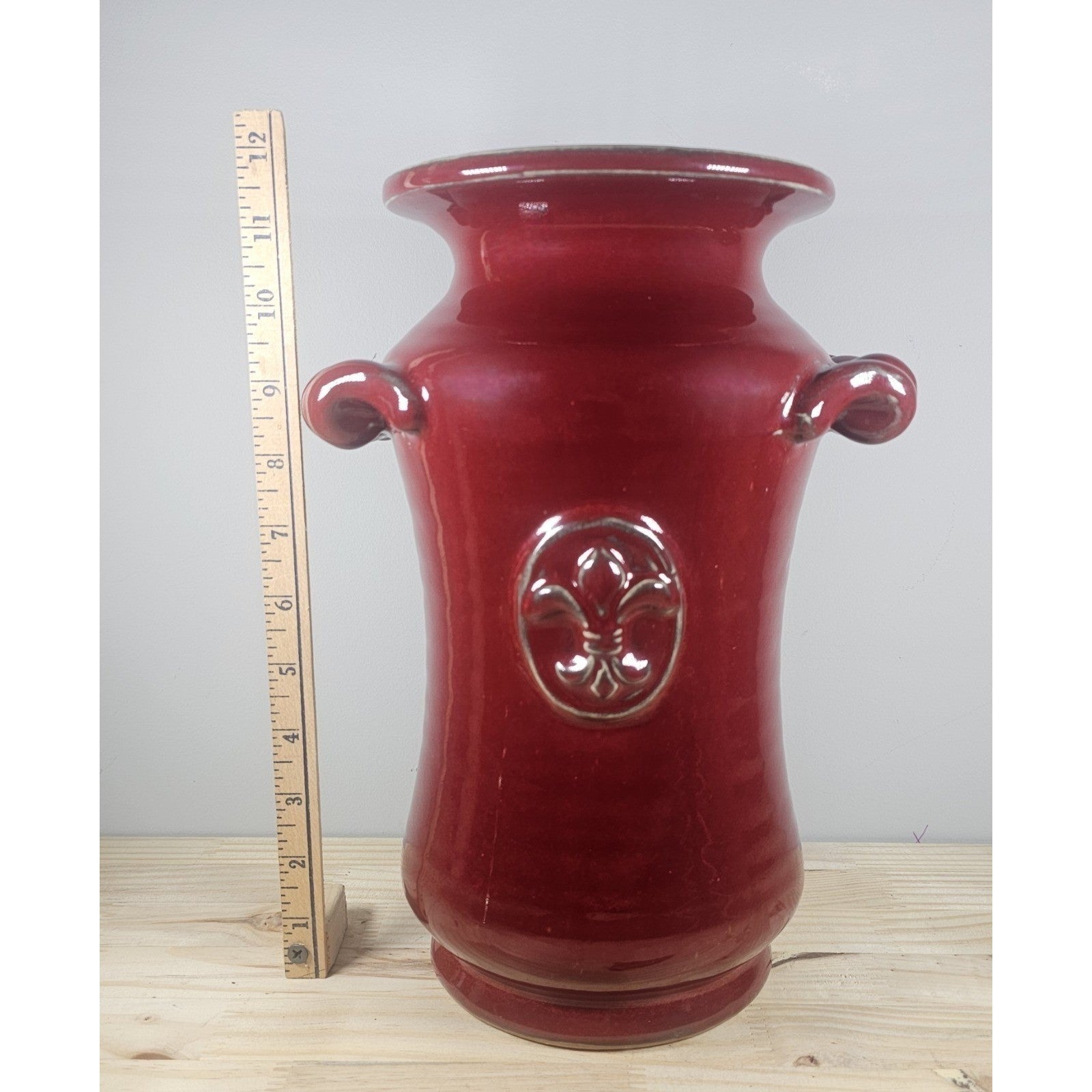 Vintage Burgundy Pottery Vase Fleur De Lis Double Handle Ceramic 11.5"