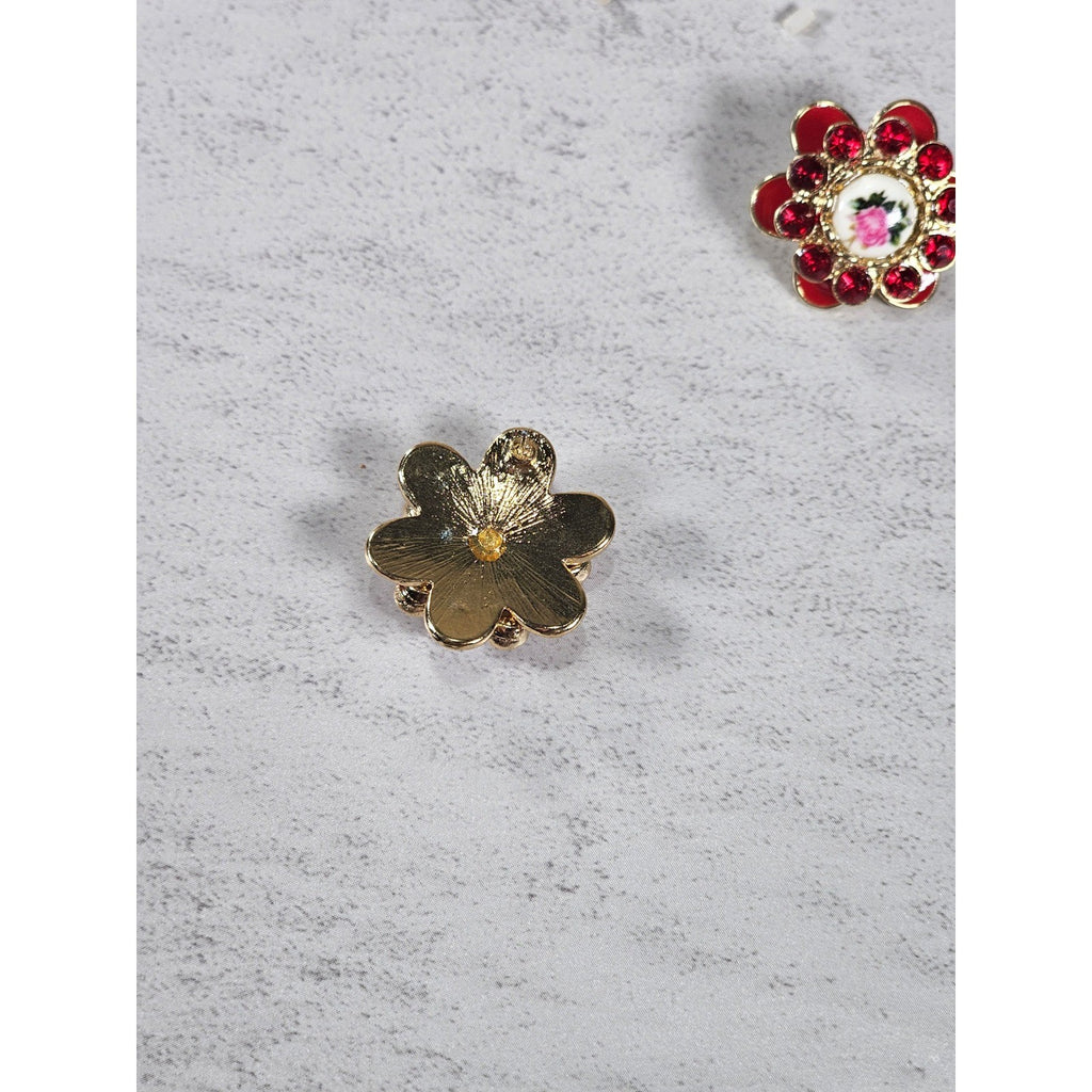 Vintage Red Floral Enamel Rhinestone Stud Earrings Gold Tone