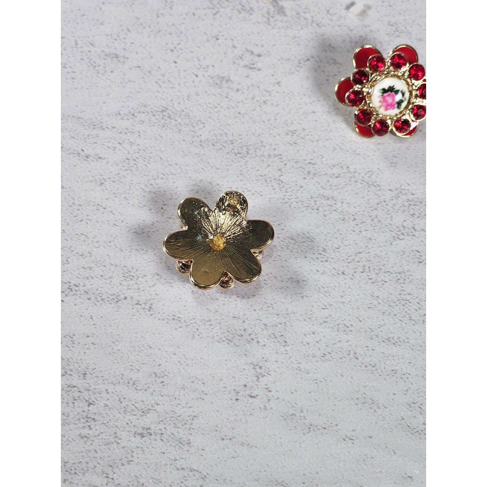 Vintage Red Floral Enamel Rhinestone Stud Earrings Gold Tone