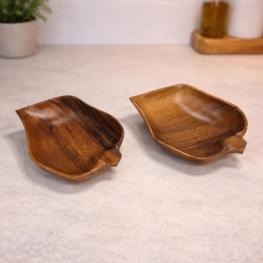Monkey Pod Wood Leaf Bowls Set of 2 Handcrafted Handles