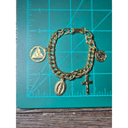 Vintage Gold Tone Religious Charm Bracelet Cross Medal Coin