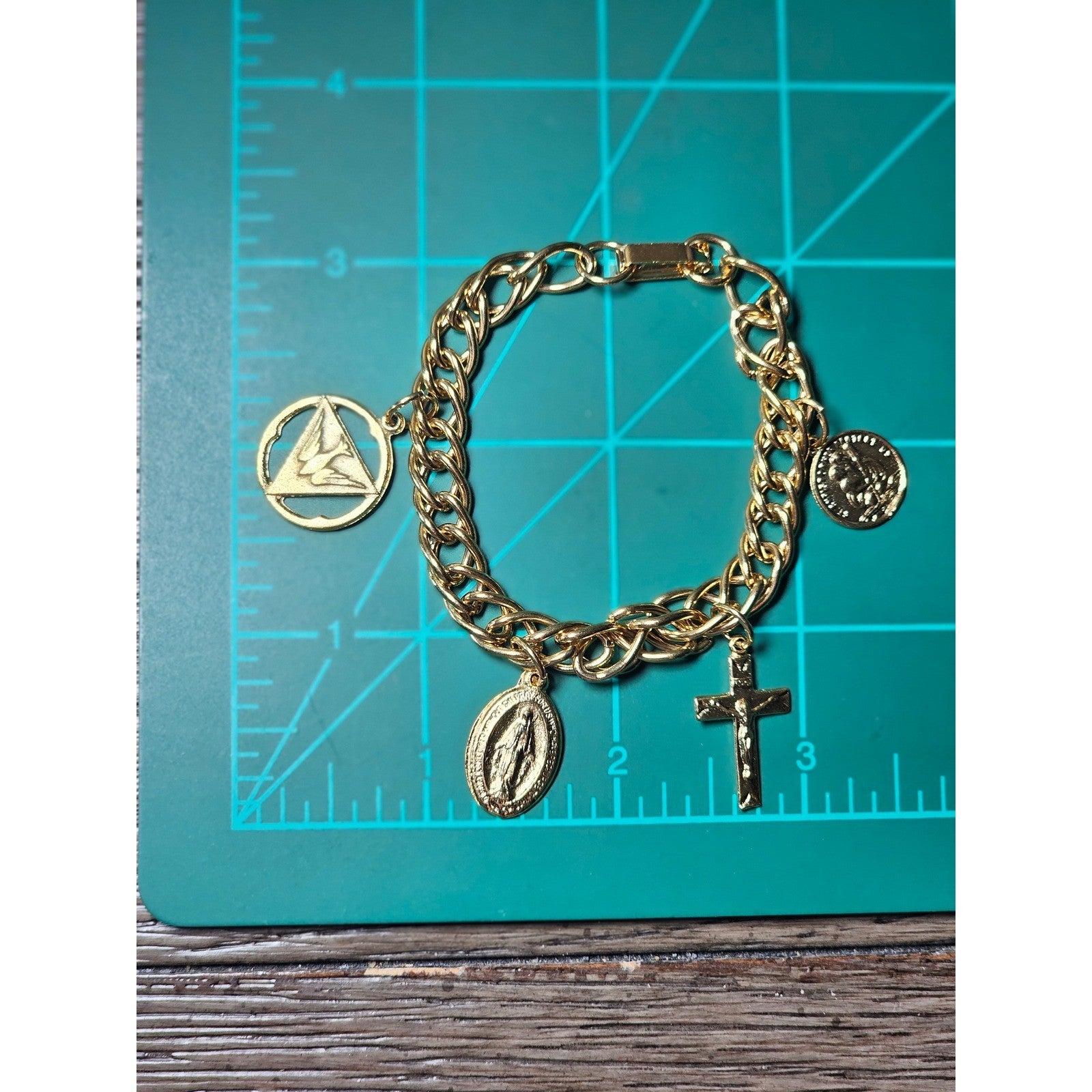 Vintage Gold Tone Religious Charm Bracelet Cross Medal Coin