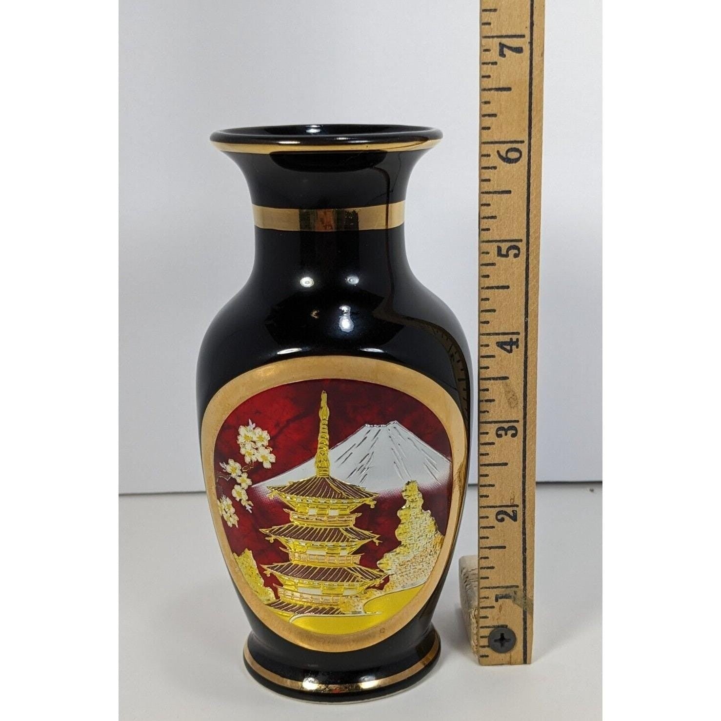 Vintage Chokin Vase Pagoda Scene Gold Gilded Japan 6.25"