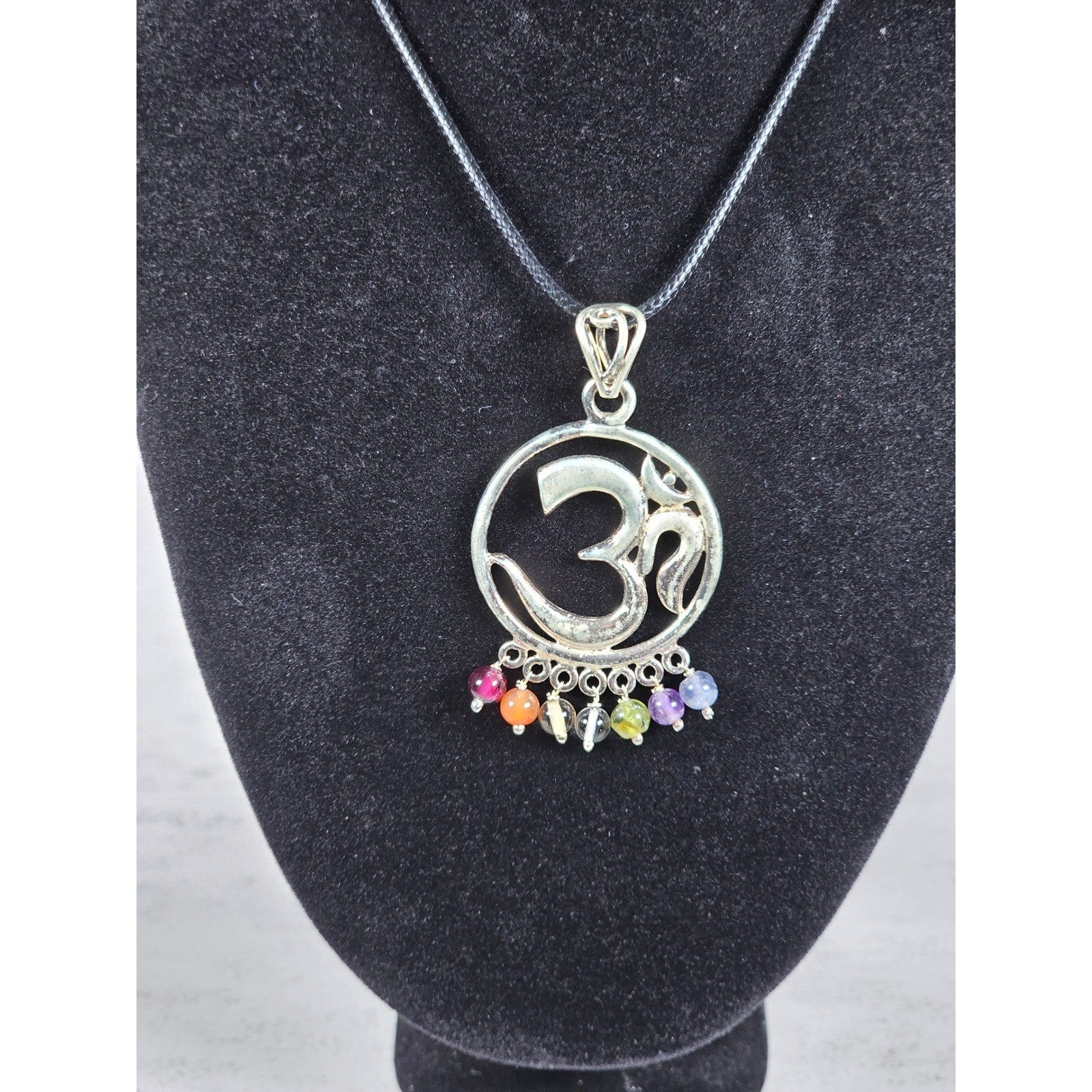 Vintage Sterling Om Pendant Necklace with Chakra Bead Fringe