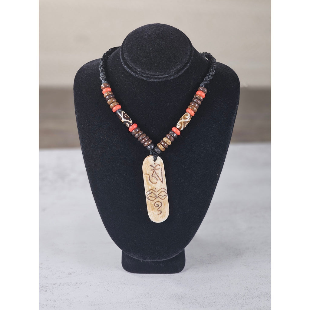 Vintage Carved Pendant Necklace Beaded Tribal Style Statement
