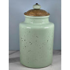 Vintage Pier 1 Mint Green Speckled Canister with Wooden Lid