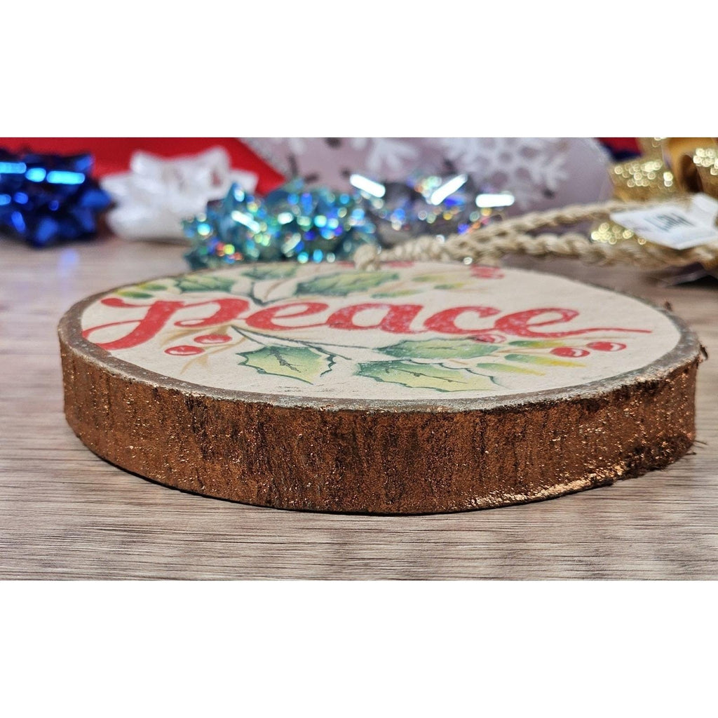 Rustic Wood Slice Ornament Peace Holly Berries Christmas Decor