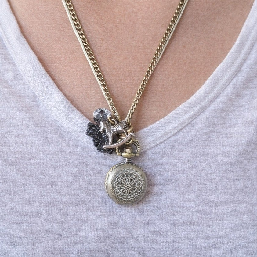 Vintage Pocket Watch Necklace Rocking Horse Charm Long Chain