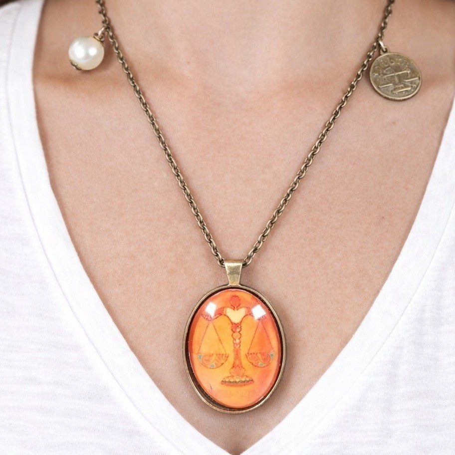 Vintage Libra Zodiac Pendant Necklace Orange Cabochon Charmine