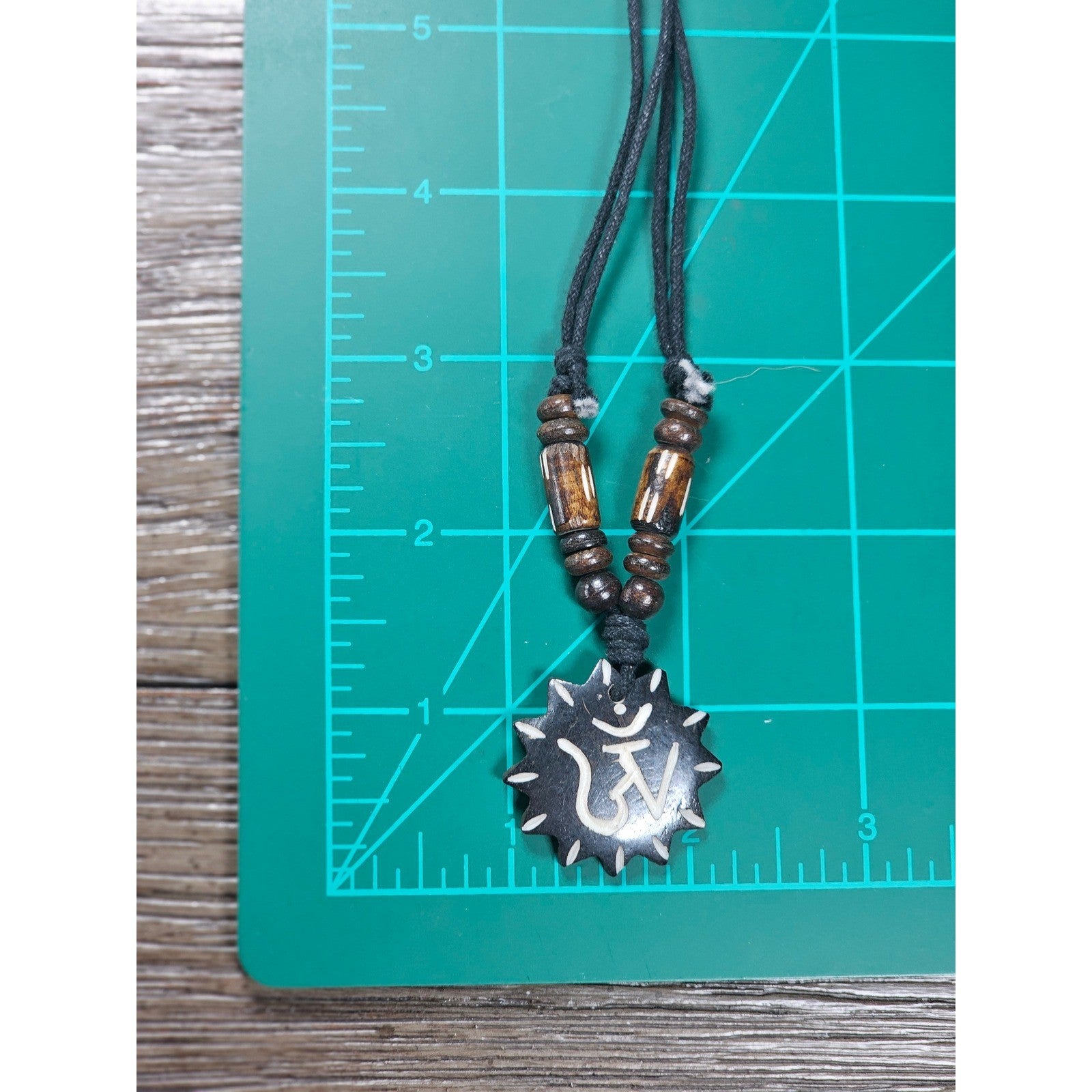 Vintage OM Pendant Necklace Wood Beads Black Cord Spiritual Charm