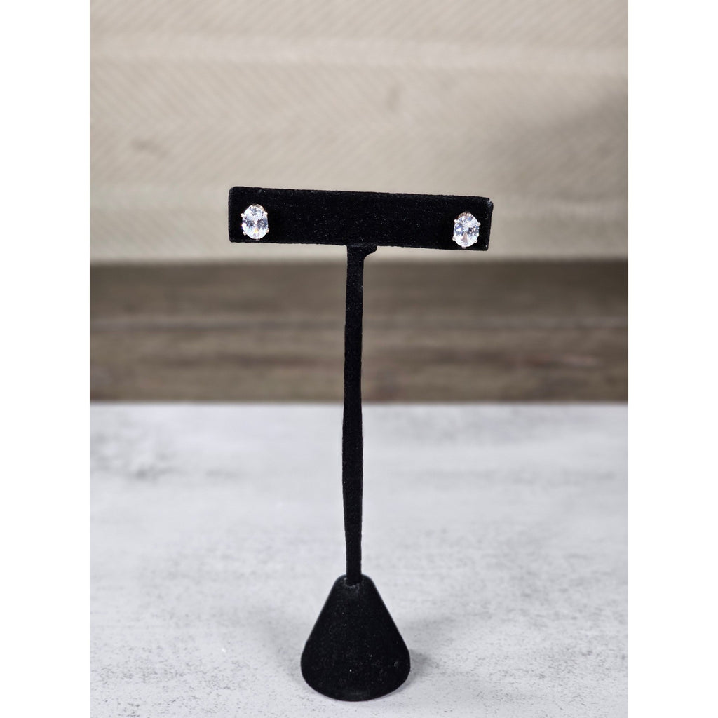 Vintage Oval Clear Rhinestone Stud Earrings Silver Tone Posts