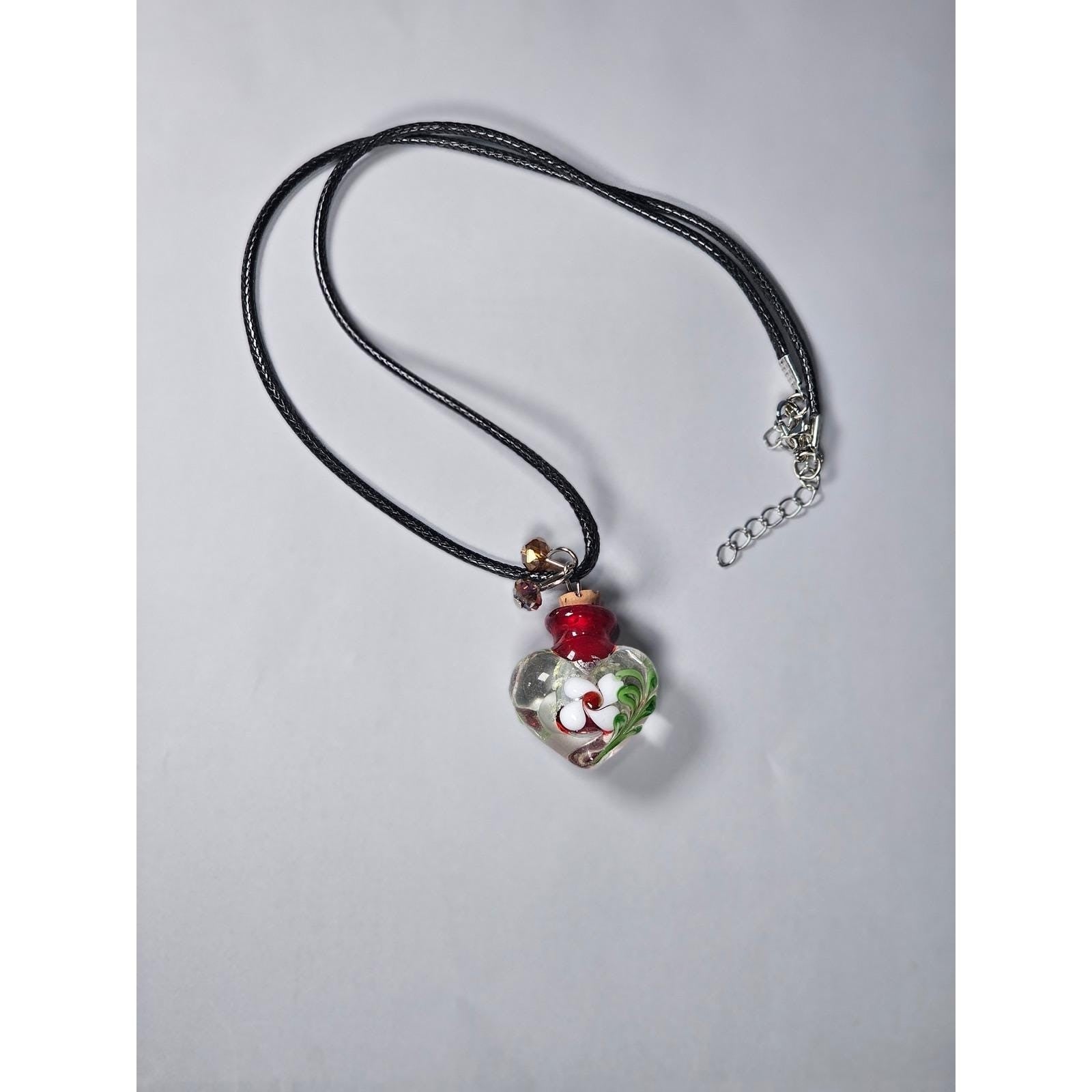 Vintage Handblown Glass Heart Bottle Pendant Necklace with Cork Stopper