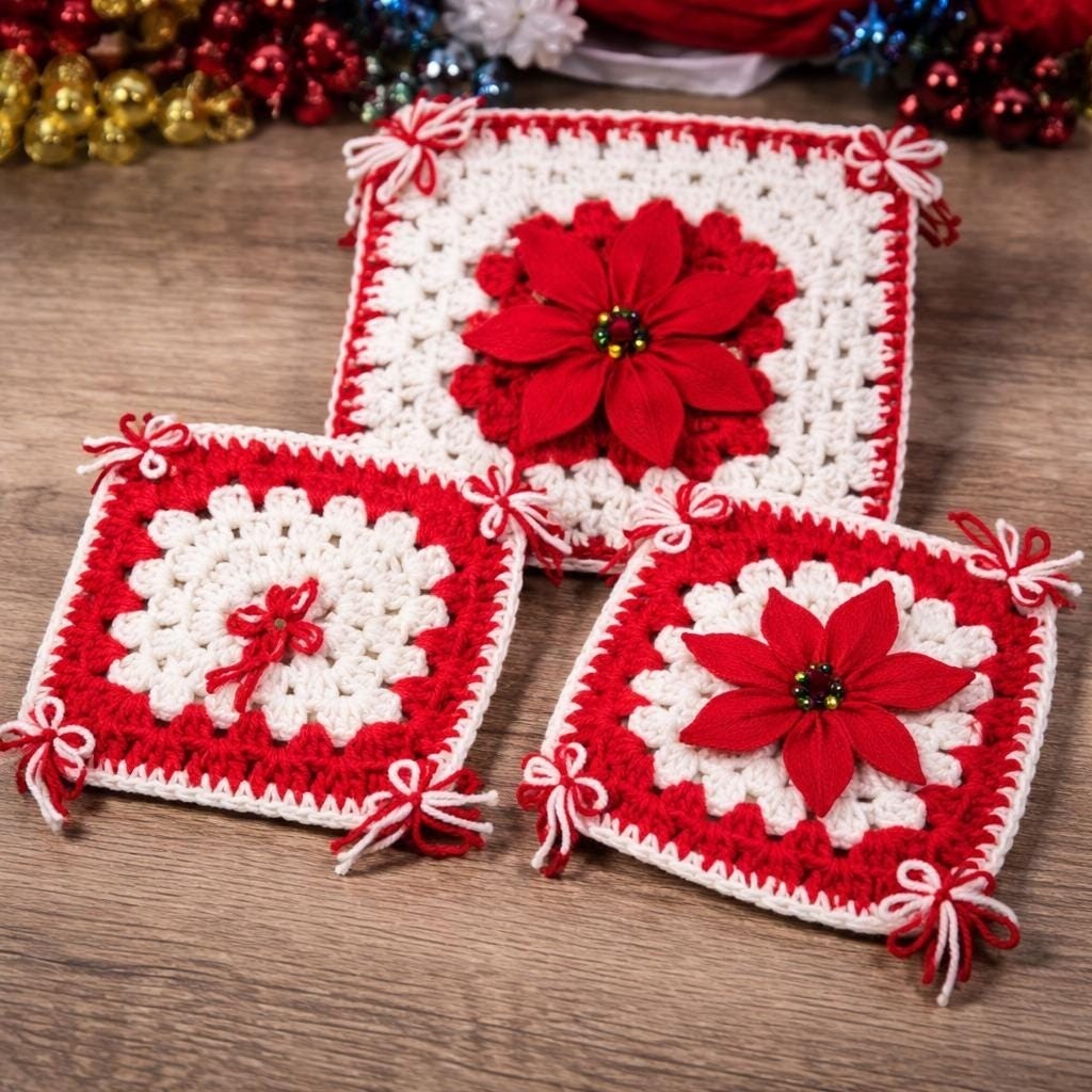 Vintage Crochet Poinsettia Ornaments Set 3 Christmas Decor