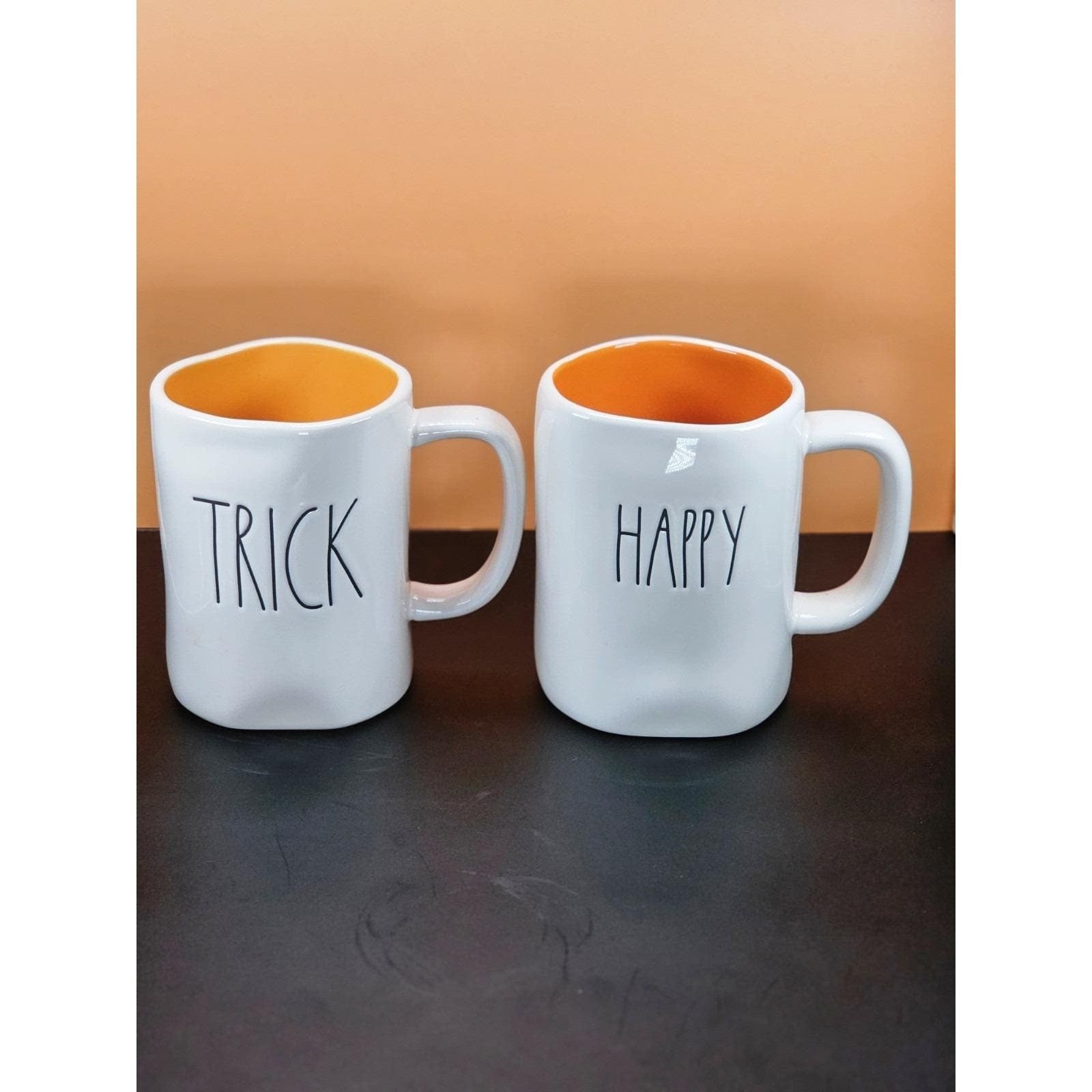 Vintage Rae Dunn Halloween Mugs Set Orange Interior Double Sided Ceramic