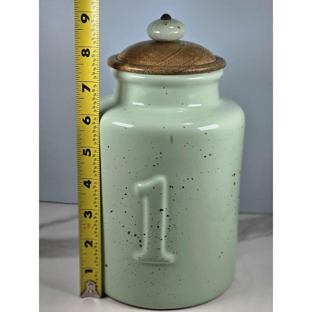 Vintage Pier 1 Mint Green Speckled Canister with Wooden Lid