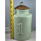 Vintage Pier 1 Mint Green Speckled Canister with Wooden Lid