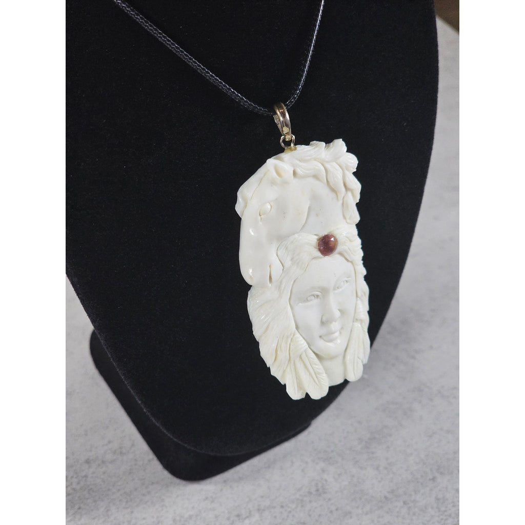 Vintage Hand Carved Natural Material Horse Female Portrait Pendant