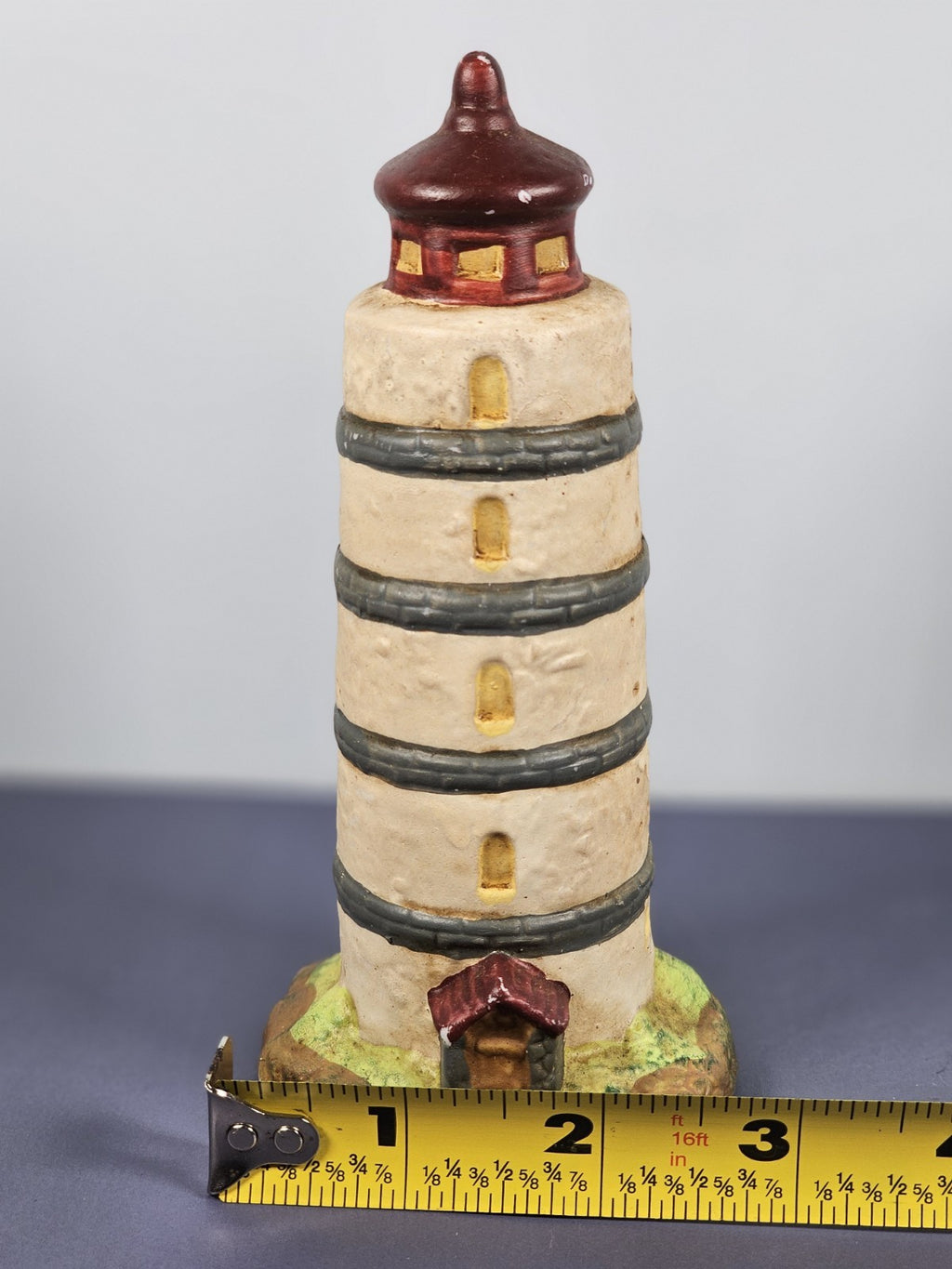Vintage Ks Collection Beige Plaster Blue Stripe Design Lighthouse 6" Tall