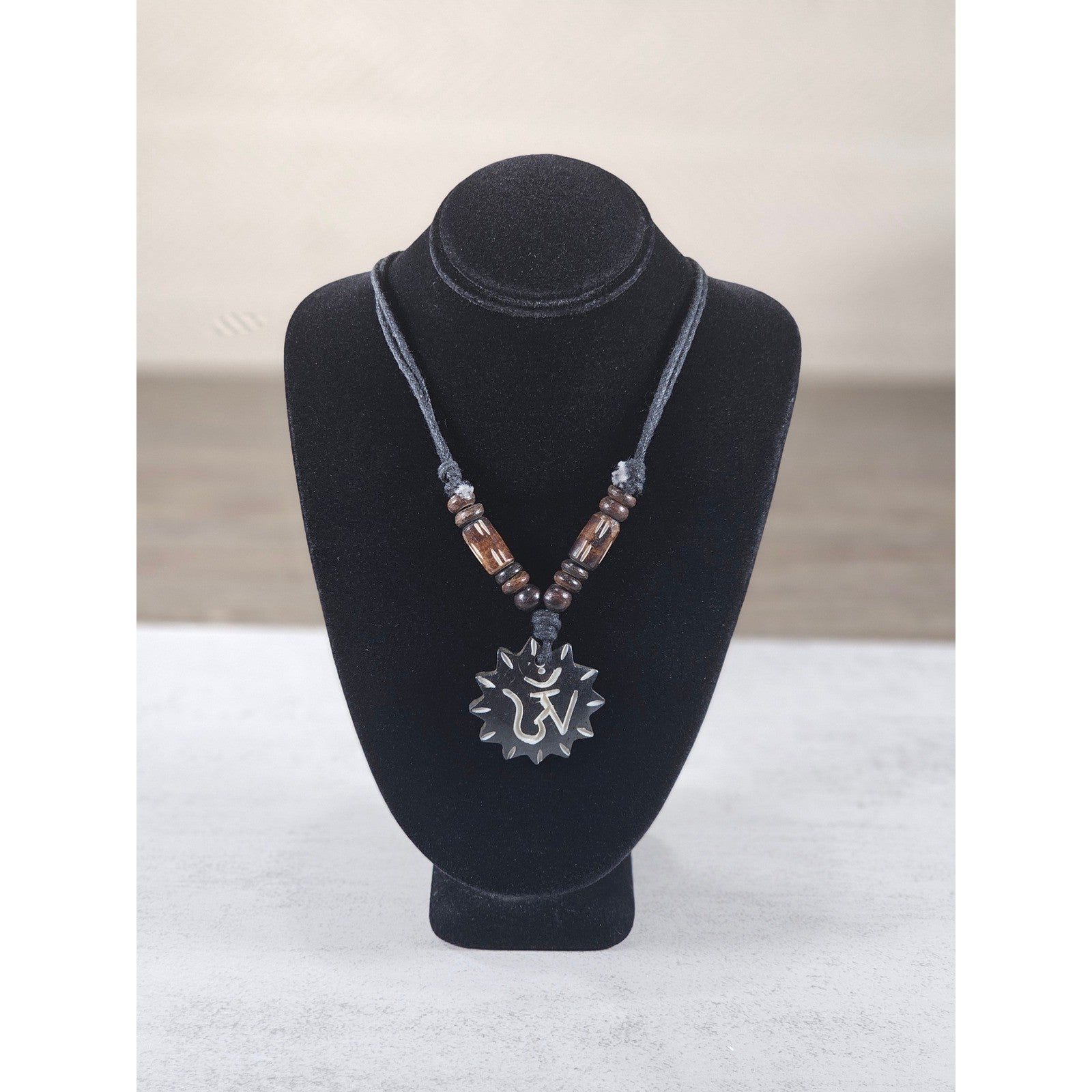 Vintage OM Pendant Necklace Wood Beads Black Cord Spiritual Charm