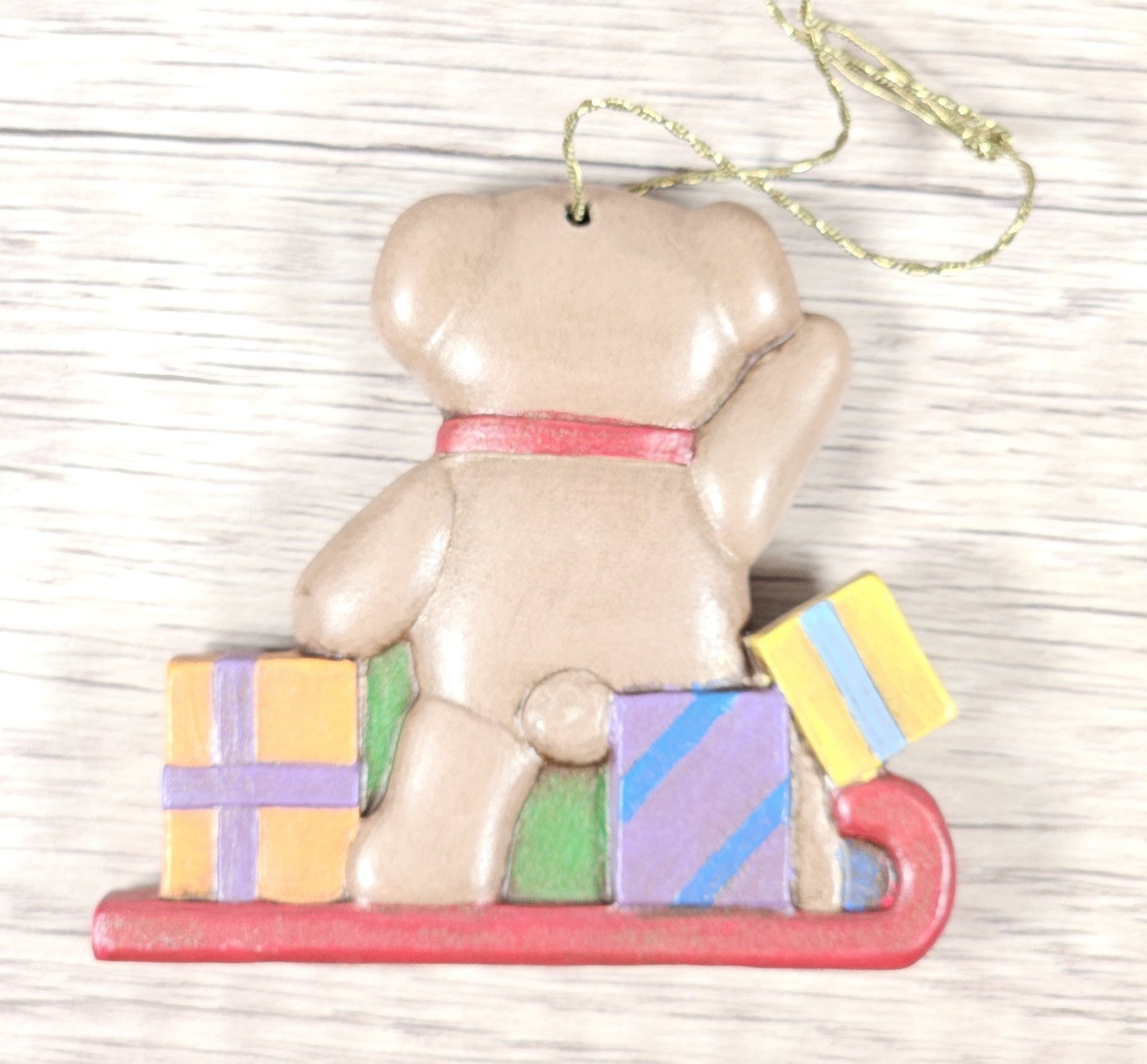 90s Vintage Ceramic 3" Teddy Bear Christmas Sleigh Presents Ornament