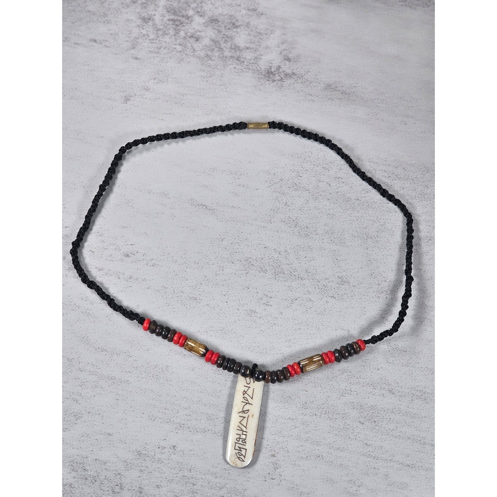 Vintage Tribal Script Pendant Necklace Wood & Red Beads