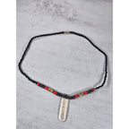 Vintage Tribal Script Pendant Necklace Wood & Red Beads