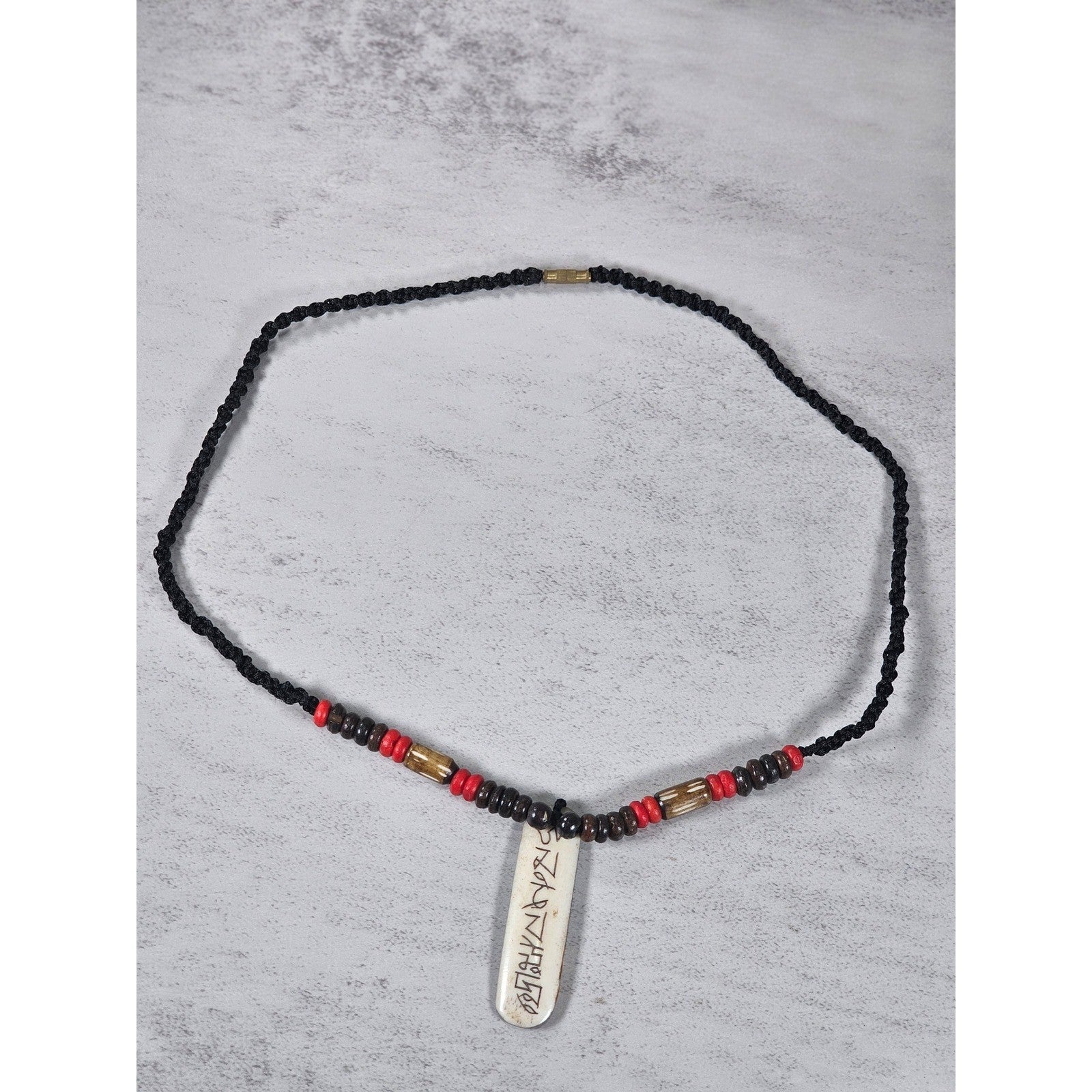 Vintage Tribal Script Pendant Necklace Wood & Red Beads